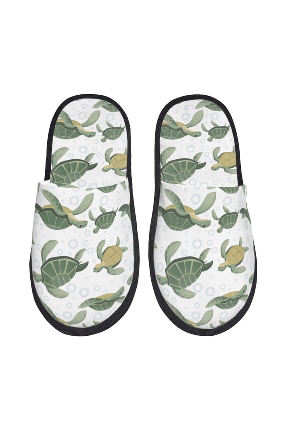 Cute Turtle Print Women's Fuzzy Fluffy House Slippers Plush Memory Foam Shoes Indoor Outdoor-Large
