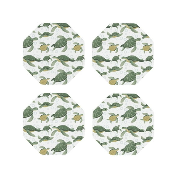 Picia Cute Turtle Printed Leather Coasters for Drinks, 4" Drink Coasters Set of 4 for Tabletop Protection, Handmade Luxurious Home Décor and Housewarming Gift -Octagon