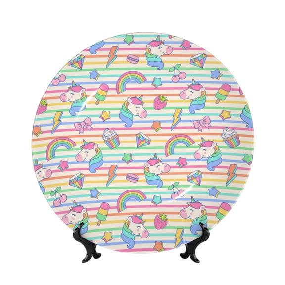 Picia Cute Unicorn Pattern Bone China Decorative Plate – Wall Decor with Stand and Adhesive, Elegant Ornament for Living Room, Office, or Entryway-7in