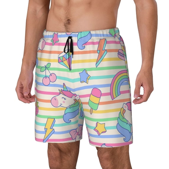 Picia Cute Unicorn pattern Mens Swim Trunks with Compression Liner Stretch Beach Shorts Quick Dry with Zipper Pockets No-Chafing Board Shorts-Large
