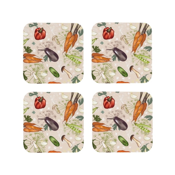 Picia Cute Vegetables Printed Leather Coasters for Drinks, 4" Drink Coasters Set of 4 for Tabletop Protection, Handmade Luxurious Home Décor and Housewarming Gift -Square