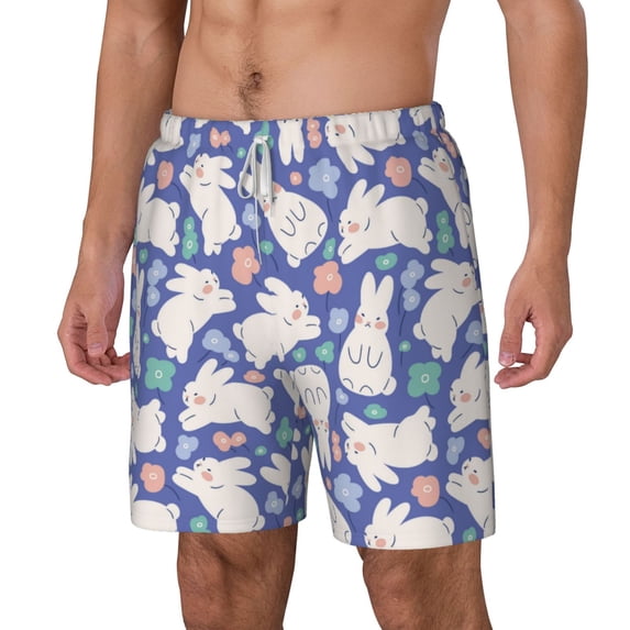 Picia Cute White Rabbit pattern Mens Swim Trunks with Compression Liner Stretch Beach Shorts Quick Dry with Zipper Pockets No-Chafing Board Shorts-X-Large