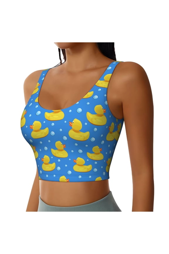 Cute Yellow Rubber Ducks Sports Bra for Women,Padded Strappy Sports Bras Medium Support Yoga Bra with Removable Cups,Running Yoga Bra-X-Large