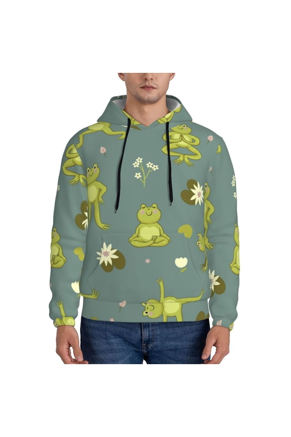 Cute Yoga Frogs Pattern Casual Men's Hoodie - Lightweight Hooded Sweatshirt with Kangaroo Pocket, Comfortable Pullover for Everyday, Travel-4X-Large