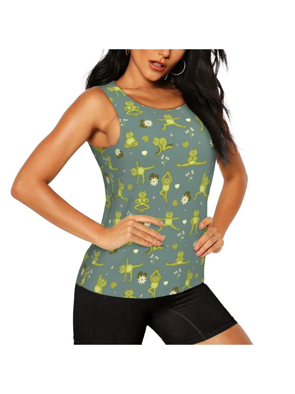 Cute Yoga Frogs Pattern Women's Workout Tank Top,Breathable Activewear,Slim Fit Athletic Top,Versatile Workout Moisture-wicking top-Large