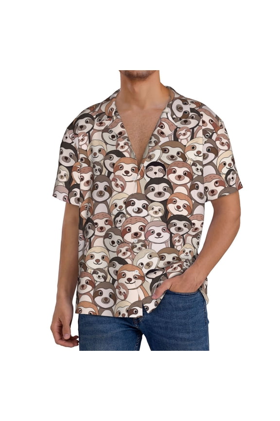 Cute brown sloth monkey Pattern Men's Linen Shirts Short Sleeve Cuban Beach Shirts Casual Shirts Button Down Shirt for Men Beach Summer Wedding Shirt-Medium