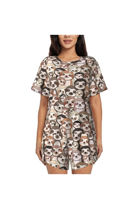 Cute brown sloth monkey Pattern Pajamas Sets for Women Soft Short-Sleeved Pjs with Lounge Shorts Two Piece Sleepwear-Medium