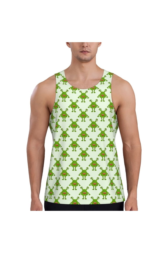 Cute green monster Printed Men’s Performance Tank, Men's Workout Tank Top Moisture-Wicking Tank Top Muscle tee, Breathable Workout Shirt-Medium