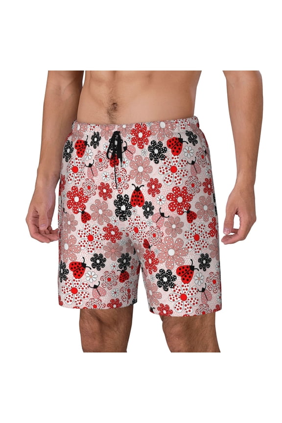 Cute ladybugs red Pattern Mens Swim Trunks with Compression Liner Stretch Beach Shorts Quick Dry with Zipper Pockets No-Chafing Board Shorts-3X-Large