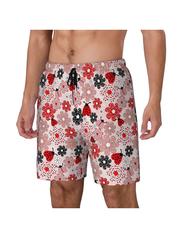 Cute ladybugs red Pattern Mens Swim Trunks with Compression Liner Stretch Beach Shorts Quick Dry with Zipper Pockets No-Chafing Board Shorts-3X-Large