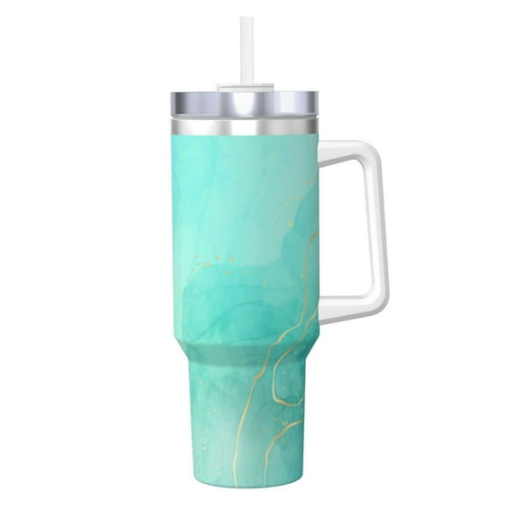 Picia Cyan Mint Marble Pattern 40oz Ice Bully Insulated Tumbler with Handle, Double-Wall Stainless Steel Cup, Leak-Proof Lid and Straw