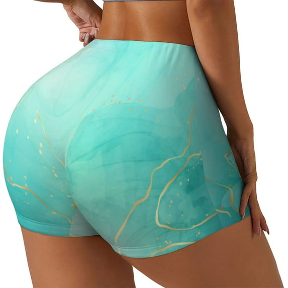Picia Cyan Mint Marble Printed Workout Shorts for Women Seamless Scrunch Butt Lifting High Waisted Yoga Gym Booty Running Moisture-wicking Short Pants-Large