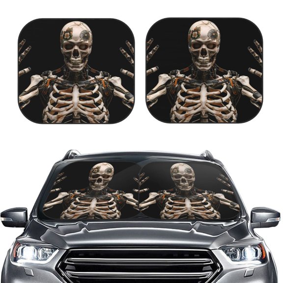 Picia Cyber Skeleton With Tattoos 2 Piece Car Windshield Sun Shade Foldable | Foldable Sun Shield for Front Window Blocks UV Rays and Keeps Your Vehicle Cool-Medium