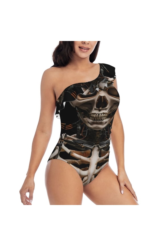 Cyber Skeleton With Tattoos Pattern Women's One Piece Swimsuits,One Shoulder Swimwear Asymmetric ,Ruffle Monokinis Bathing Suits,High Waisted Flattering Bathing Suits-Medium