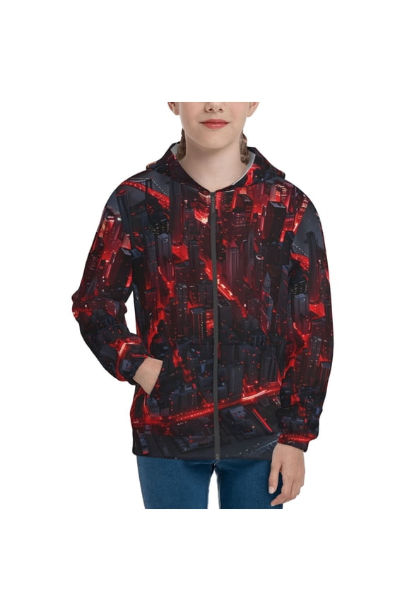Cyberpunk Cityscape Lights for Boys Fashion Full-zip Hoodies & Sweatshirts with Kangaroo Pocket,Zip-up Hooded Sweatshirt for Kid, Moisture Wicking & Breathable-Medium