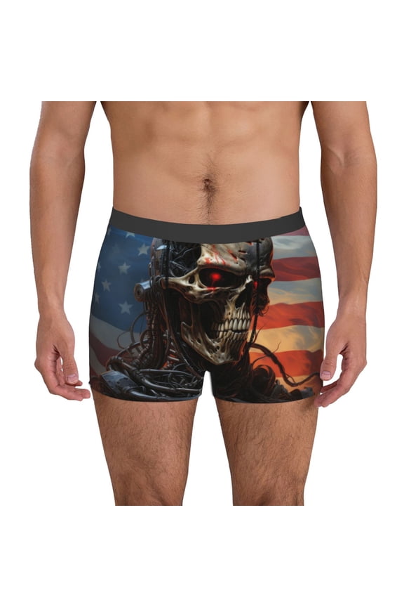 Cyberpunk Skull American Flag Pattern Men’s Boxer Briefs – Soft & Breathable Underwear, Stretchy & Comfortable Fit, Supportive Pouch Design, Moisture-Wicking-Medium