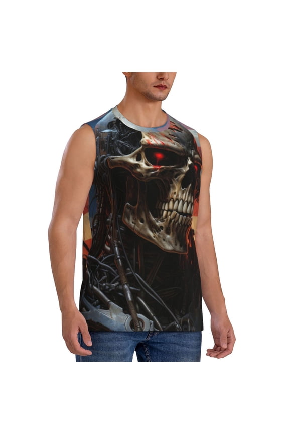 Cyberpunk Skull American Flag mens Cotton Tank Undershirts , Moisture-wicking Ribbed Tanks, Lightweight Cotton Tank Undershirts-Small