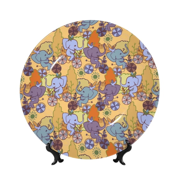 Picia Cycling Elephant On Bicycle In Park Pattern Bone China Decorative Plate – Wall Decor with Stand and Adhesive, Elegant Ornament for Living Room, Office, or Entryway-8in