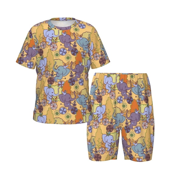 Picia Cycling Elephant On Bicycle In Park Printed Boys' Kids-PJ Snug Fit Cotton Short Sleeve Top and Shorts 2 Piece Pajama Set-