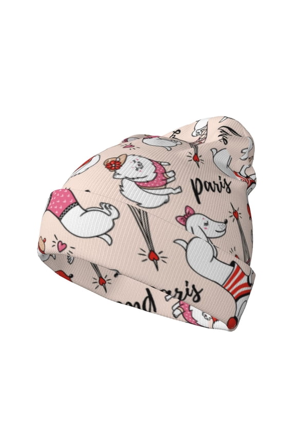 Dachshund And Eiffel Tower Pattern Knitted Beanie Hat for Men and Women , Unisex Winter Warm Stretchy Knit Cap Thick Fisherman Beanies Cuffed Plain Skull Caps