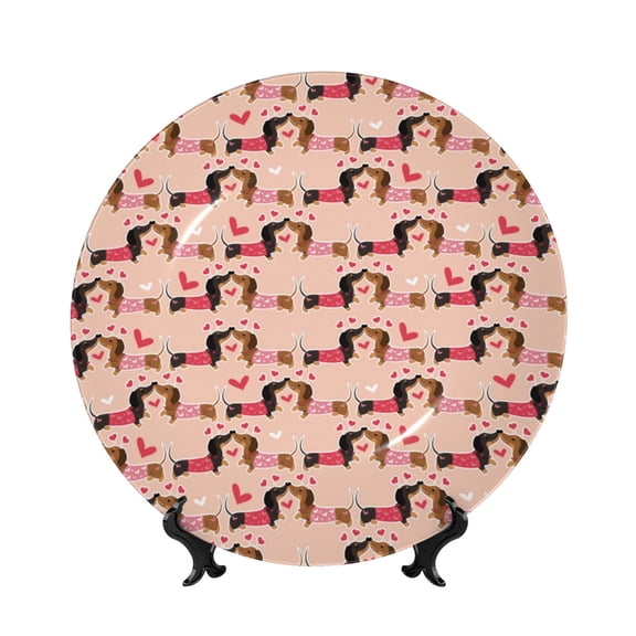 Picia Dachshund Couple Pattern Bone China Decorative Plate – Wall Decor with Stand and Adhesive, Elegant Ornament for Living Room, Office, or Entryway-7in