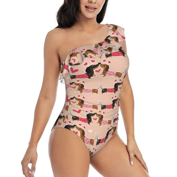 Picia Dachshund Couple Pattern Women's One Piece Swimsuits,One Shoulder Swimwear Asymmetric ,Ruffle Monokinis Bathing Suits,High Waisted Flattering Bathing Suits-X-Large