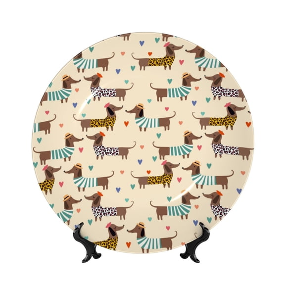 Picia Dachshund Dog Pattern Bone China Decorative Plate – Wall Decor with Stand and Adhesive, Elegant Ornament for Living Room, Office, or Entryway-6in