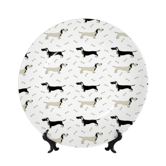 Picia Dachshund Dog Pattern Bone China Decorative Plate – Wall Decor with Stand and Adhesive, Elegant Ornament for Living Room, Office, or Entryway-8in