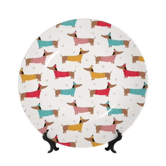 Picia Dachshund Dog Puppy Pattern Bone China Decorative Plate – Wall Decor with Stand and Adhesive, Elegant Ornament for Living Room, Office, or Entryway-6in