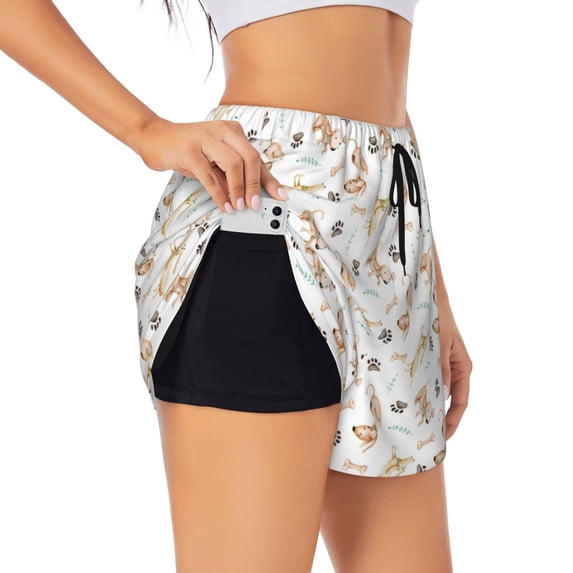 Picia Dachshund Dog Puppy Pattern Women's 2 in 1 Athletic Running Shorts High Waisted Workout Casual Gym Sweat Shorts with Comfy Liner Zipper Pockets-X-Large