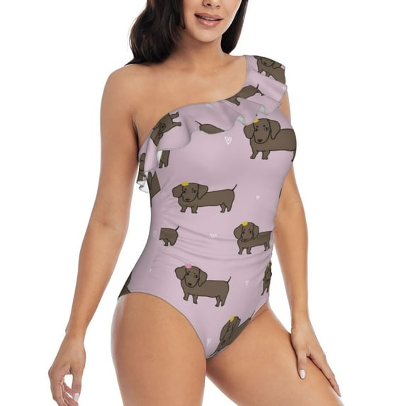 Picia Dachshund Dog Puppy Pattern Women's One Piece Swimsuits,One Shoulder Swimwear Asymmetric ,Ruffle Monokinis Bathing Suits,High Waisted Flattering Bathing Suits-Large