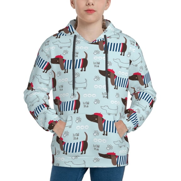 Picia Dachshund Dog Puppy Pattern Youth Hoodie - Warm Pullover Sweatshirt with Kangaroo Pocket, Ideal for Boys and Girls-X-Large