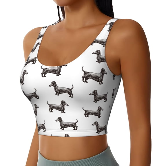 Picia Dachshund Dog Puppy Sports Bra for Women,Padded Strappy Sports Bras Medium Support Yoga Bra with Removable Cups,Running Yoga Bra-Small