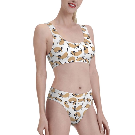 Picia Dachshund Dog Puppy Women's High Waisted Bikini Scoop Neck Swimsuit Two Pieces Bathing Suit-Large