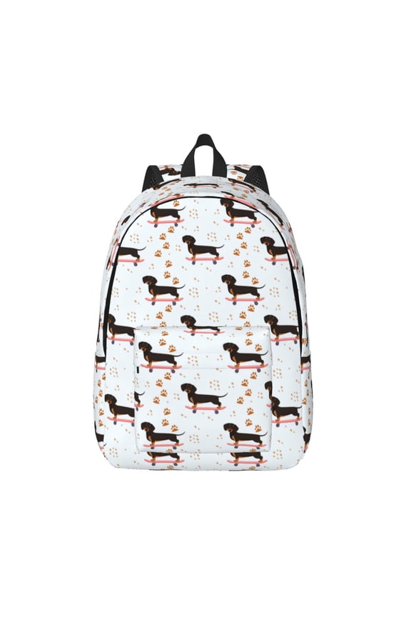 Dachshund On A Skateboard Printed Canvas Daypack - Stylish and Durable Vintage Compact Backpack - Class, Work, Travel, or Laptop Bookbag,Organized Compartments-Medium
