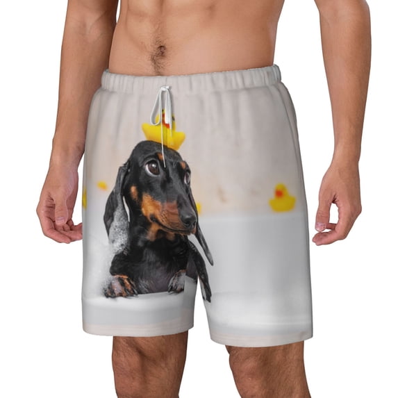 Picia Dachshund Sitting in Bathtub pattern Mens Swim Trunks with Compression Liner Stretch Beach Shorts Quick Dry with Zipper Pockets No-Chafing Board Shorts-Small