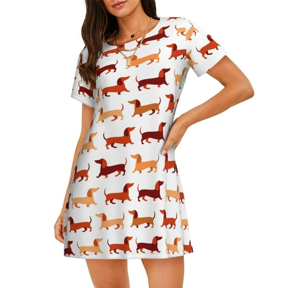 Picia Dachshund Walking Pattern Women’s Nightdress – Casual Short-sleeved Loose-Fit Sleepwear, Soft Cotton Short-Sleeve Sleep Shirt for Relaxation & Comfort