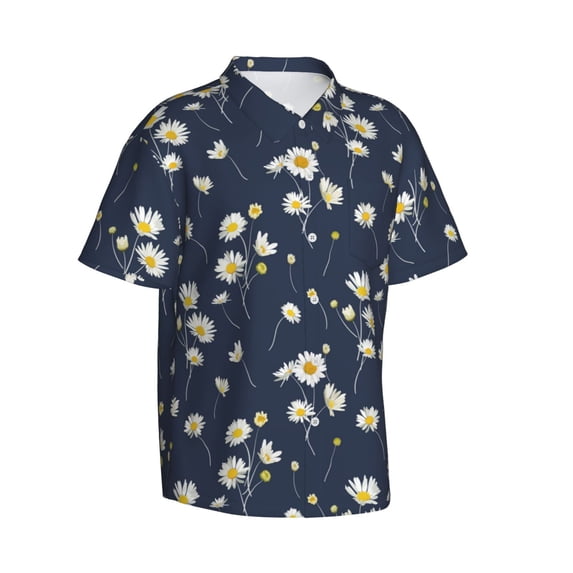 Picia Daisies Flowers Gentle Cotton Regular Fit Short Sleeve Casual Hawaiian Shirt for Men-Small