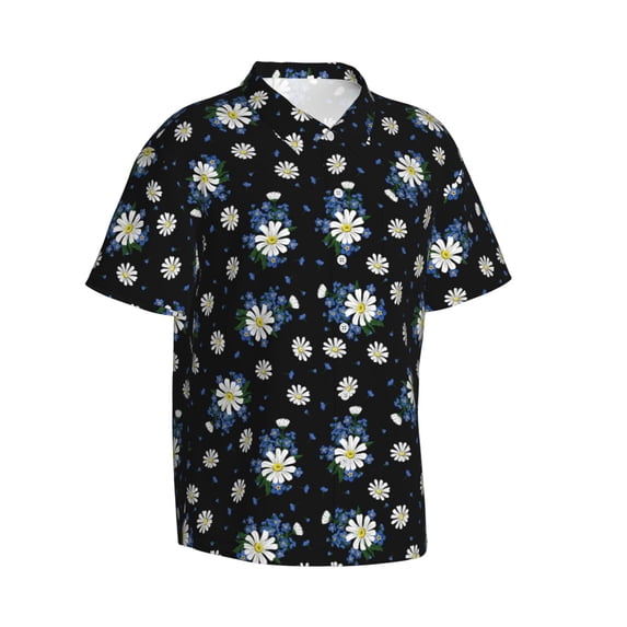 Picia Daisies Flowers Gentle Cotton Regular Fit Short Sleeve Casual Hawaiian Shirt for Men-Small