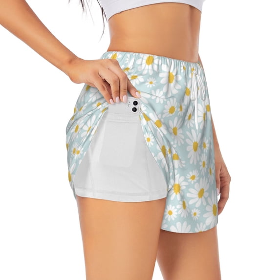 Picia Daisies Flowers Pattern Women's 2 in 1 Athletic Running Shorts High Waisted Workout Casual Gym Sweat Shorts with Comfy Liner Zipper Pockets-Large