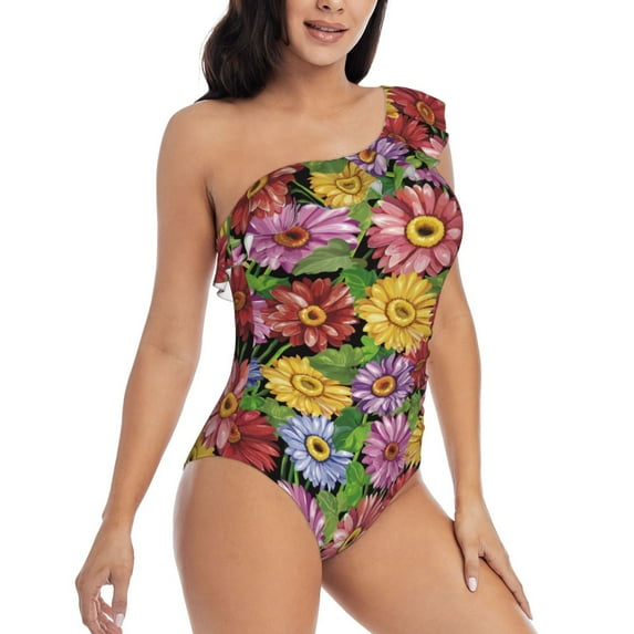 Picia Daisies Flowers Pattern Women's One Piece Swimsuits,One Shoulder Swimwear Asymmetric ,Ruffle Monokinis Bathing Suits,High Waisted Flattering Bathing Suits-