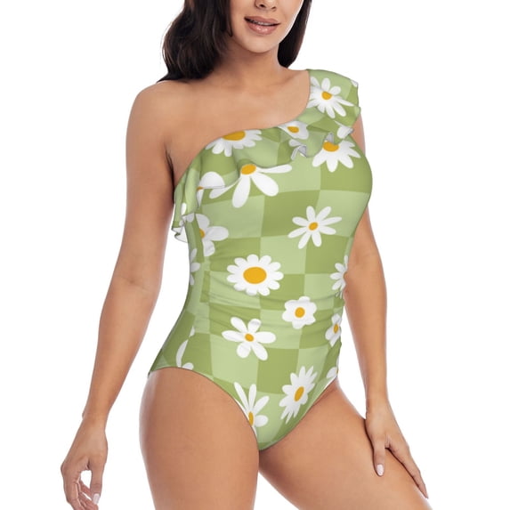 Picia Daisies Flowers Pattern Women's One Piece Swimsuits,One Shoulder Swimwear Asymmetric ,Ruffle Monokinis Bathing Suits,High Waisted Flattering Bathing Suits-XX-Large