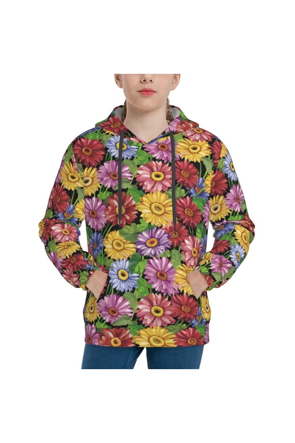 Daisies Flowers Pattern Youth Hoodie - Warm Pullover Sweatshirt with Kangaroo Pocket, Ideal for Boys and Girls-Medium