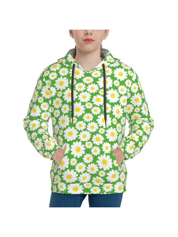 Daisies Flowers Pattern Youth Hoodie - Warm Pullover Sweatshirt with Kangaroo Pocket, Ideal for Boys and Girls-Small