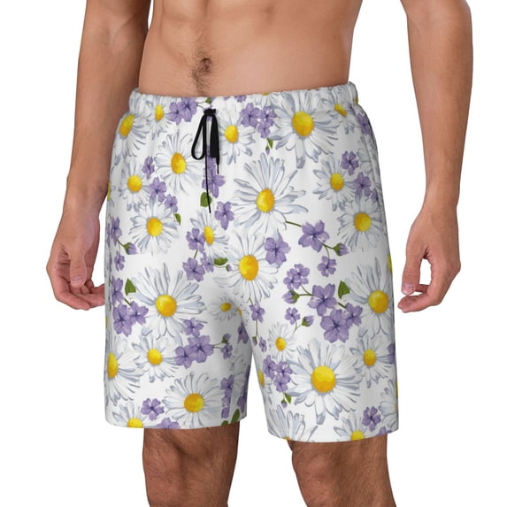 Picia Daisies Flowers pattern Mens Swim Trunks with Compression Liner Stretch Beach Shorts Quick Dry with Zipper Pockets No-Chafing Board Shorts-3X-Large