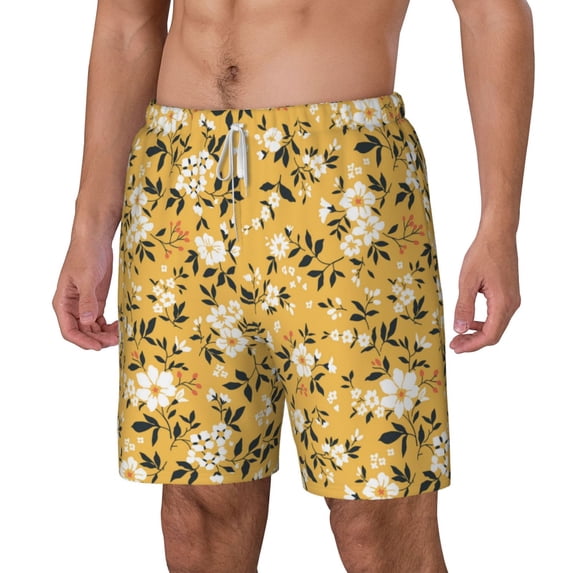 Picia Daisies Flowers pattern Mens Swim Trunks with Compression Liner Stretch Beach Shorts Quick Dry with Zipper Pockets No-Chafing Board Shorts-X-Large