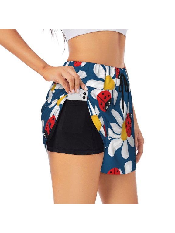 Daisies With Ladybugs Pattern Women's 2 in 1 Athletic Running Shorts High Waisted Workout Casual Gym Sweat Shorts with Comfy Liner Zipper Pockets-Medium