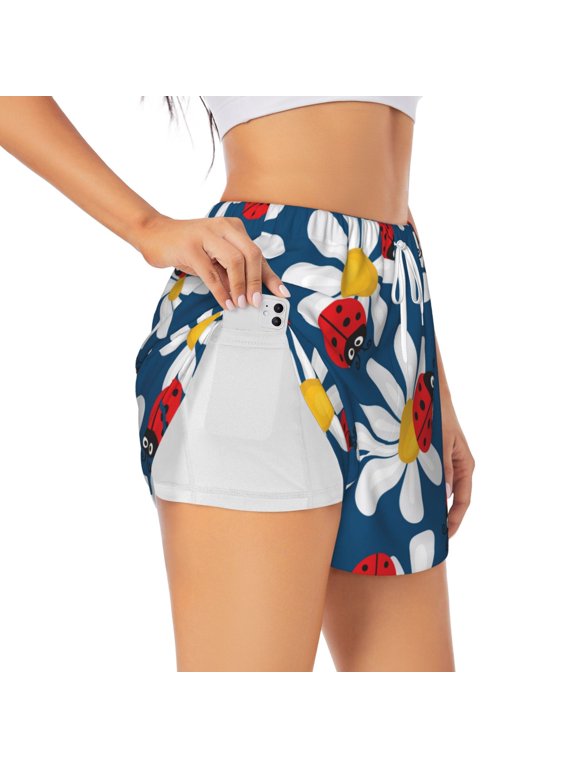 Daisies With Ladybugs Pattern Women's 2 in 1 Athletic Running Shorts High Waisted Workout Casual Gym Sweat Shorts with Comfy Liner Zipper Pockets-Small