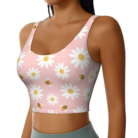 Picia Daisy And Bee Sports Bra for Women,Padded Strappy Sports Bras Medium Support Yoga Bra with Removable Cups,Running Yoga Bra-Small