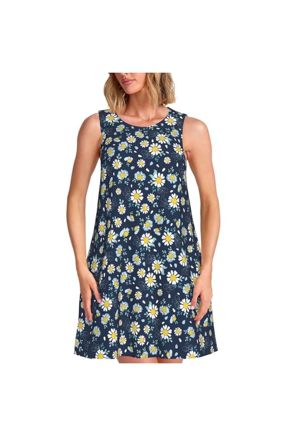 Daisy Floral B Print Women’s Sleeveless Midi Swing Dress – A-Line Pleated Tank Sundress, Comfortable and Flowy T-Shirt Dress